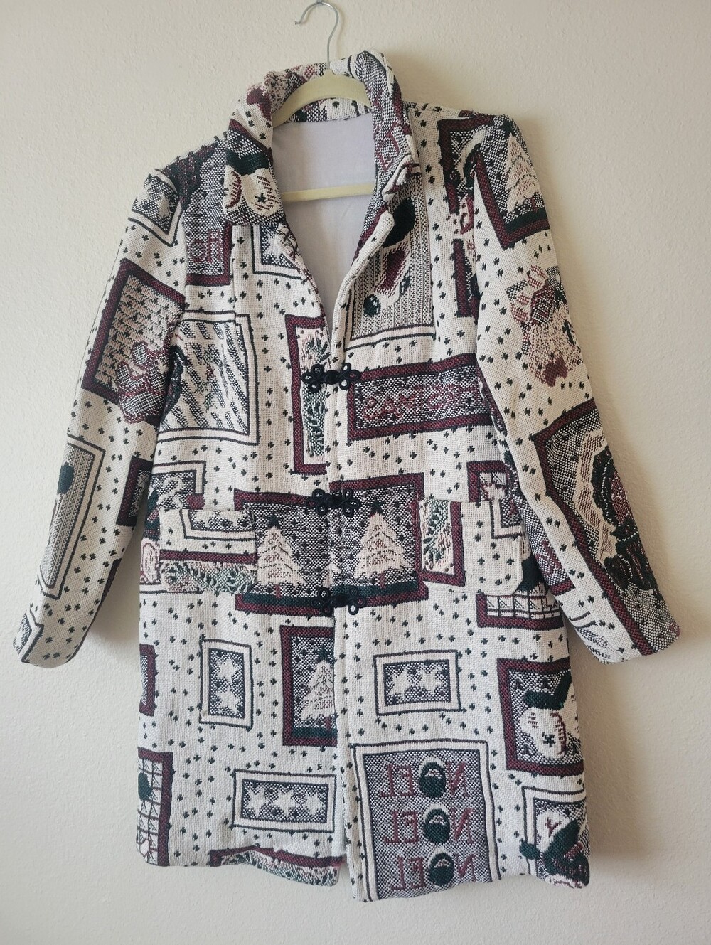 Upcycled Christmas Tapestry Coat - Cream & Burgundy M